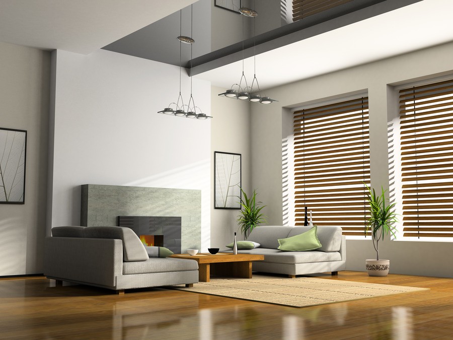 living room with motorized window blinds