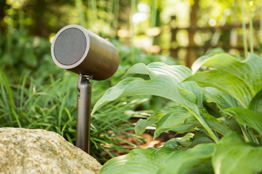 A close-up of a Coastal Source speaker among foliage.